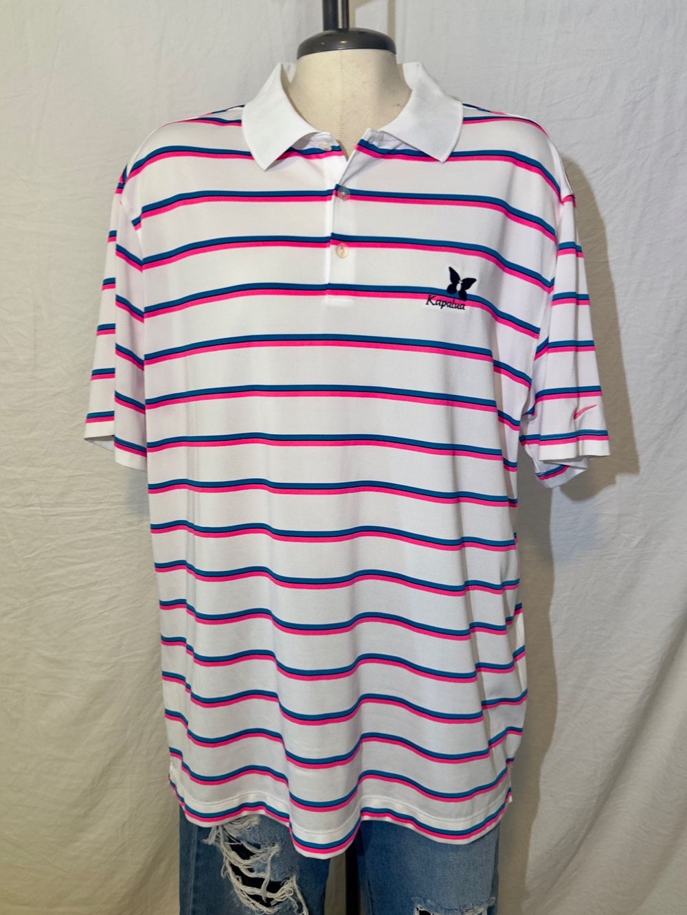 Nike Golf Tour Performance Dri Striped Polo Shirt White Hot Pink Blue XL